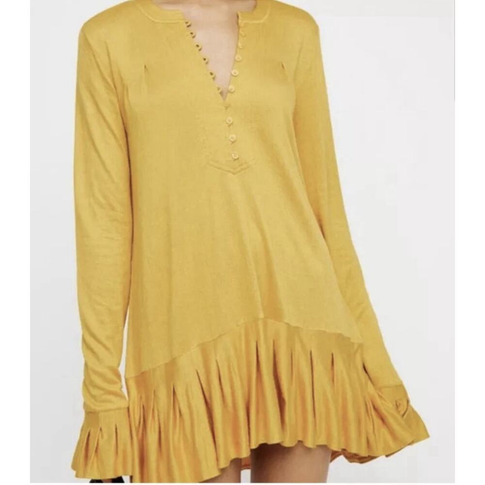 FREE PEOPLE Summer Struttin Mini Dress Sz XS Bell Cuff Waffle Ruffle Hem Yellow - Picture 1 of 8